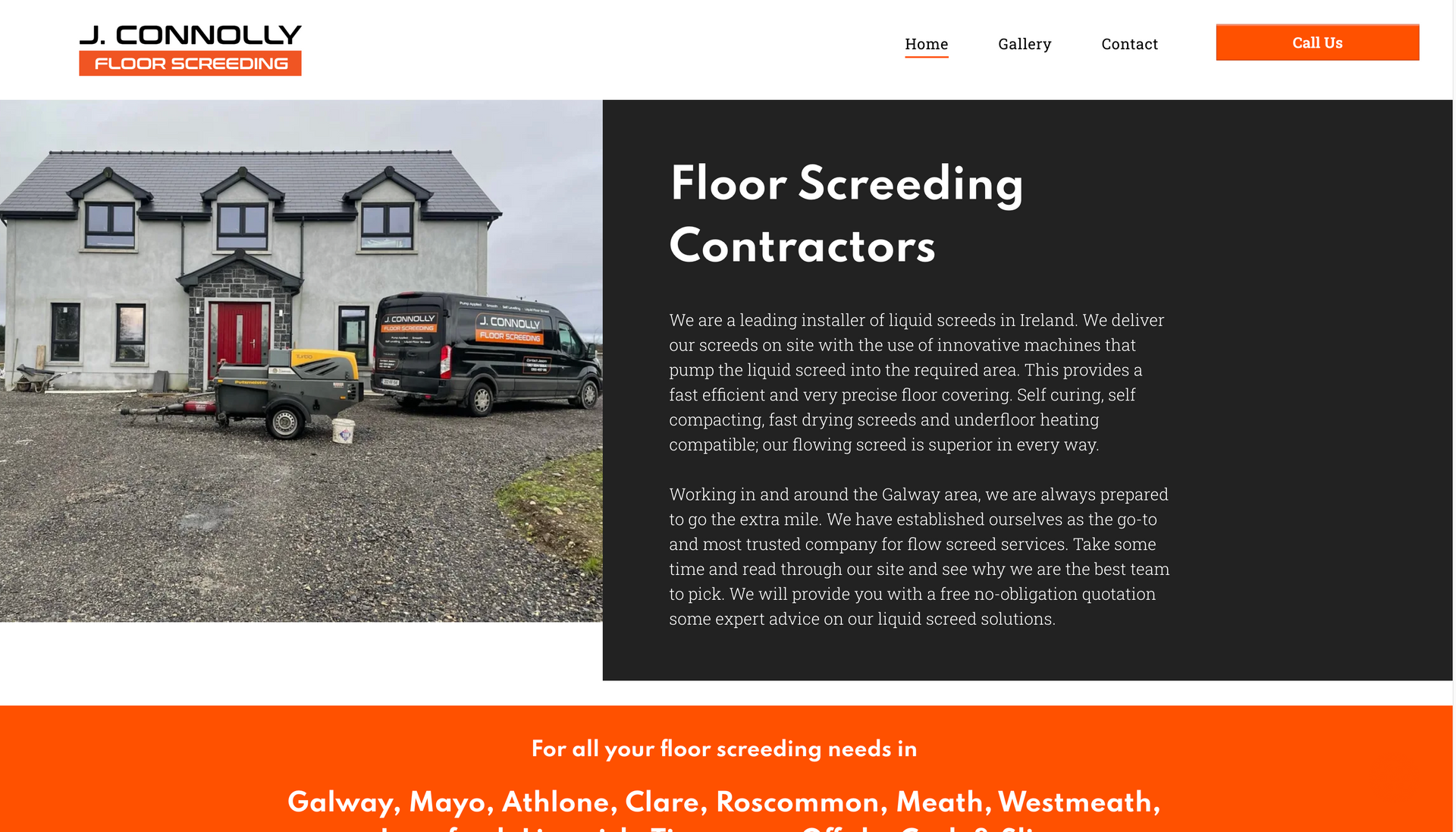 J. Connolly floor screeding website: House with van parked in front; text overlay 