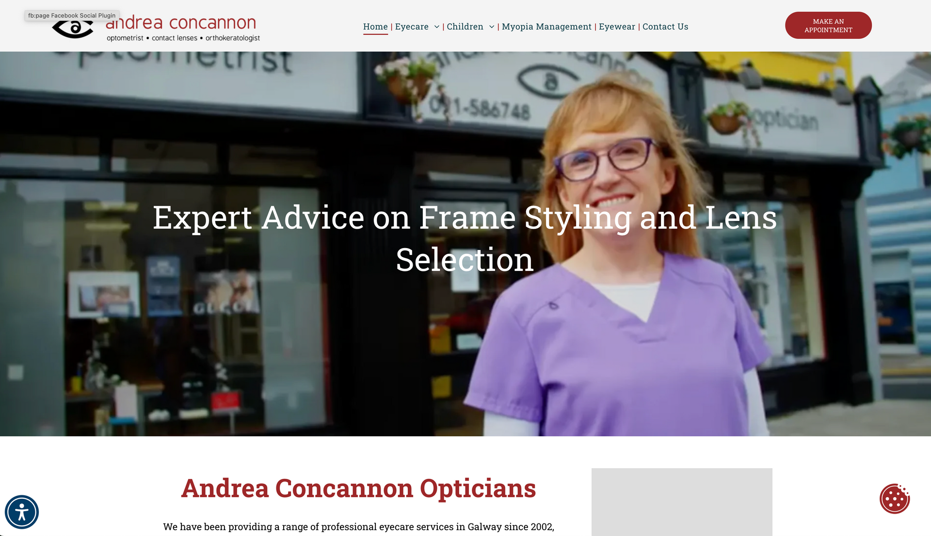 Woman in purple scrubs and glasses smiles in front of an optician's shop. Text: Expert Advice on Frame Styling and Lens Selection.