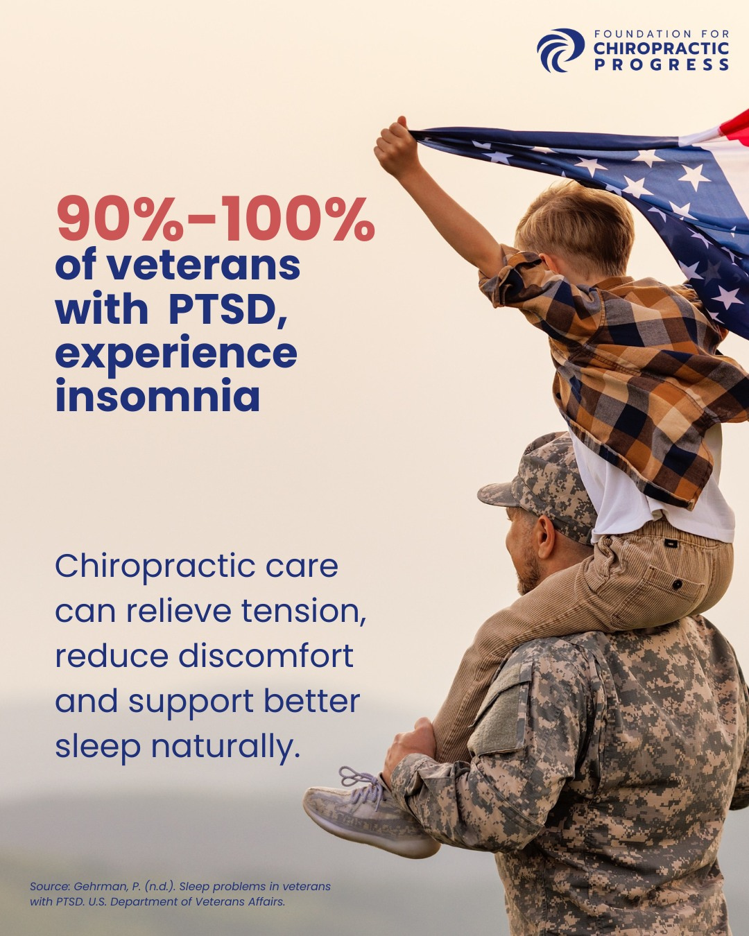 Veteran in military uniform carrying child on shoulders waving American flag