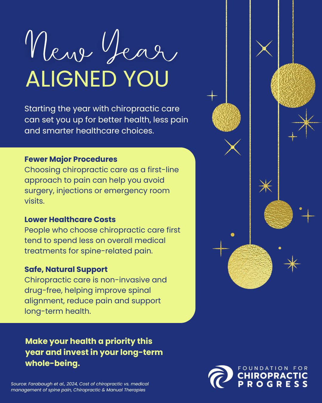 New Year Aligned You infographic with gold ornaments on navy blue background showing three benefits 