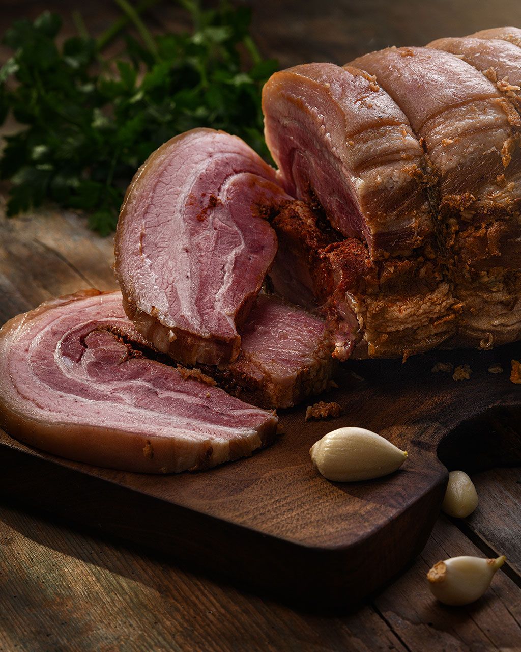 Rolled pork bacon cooked