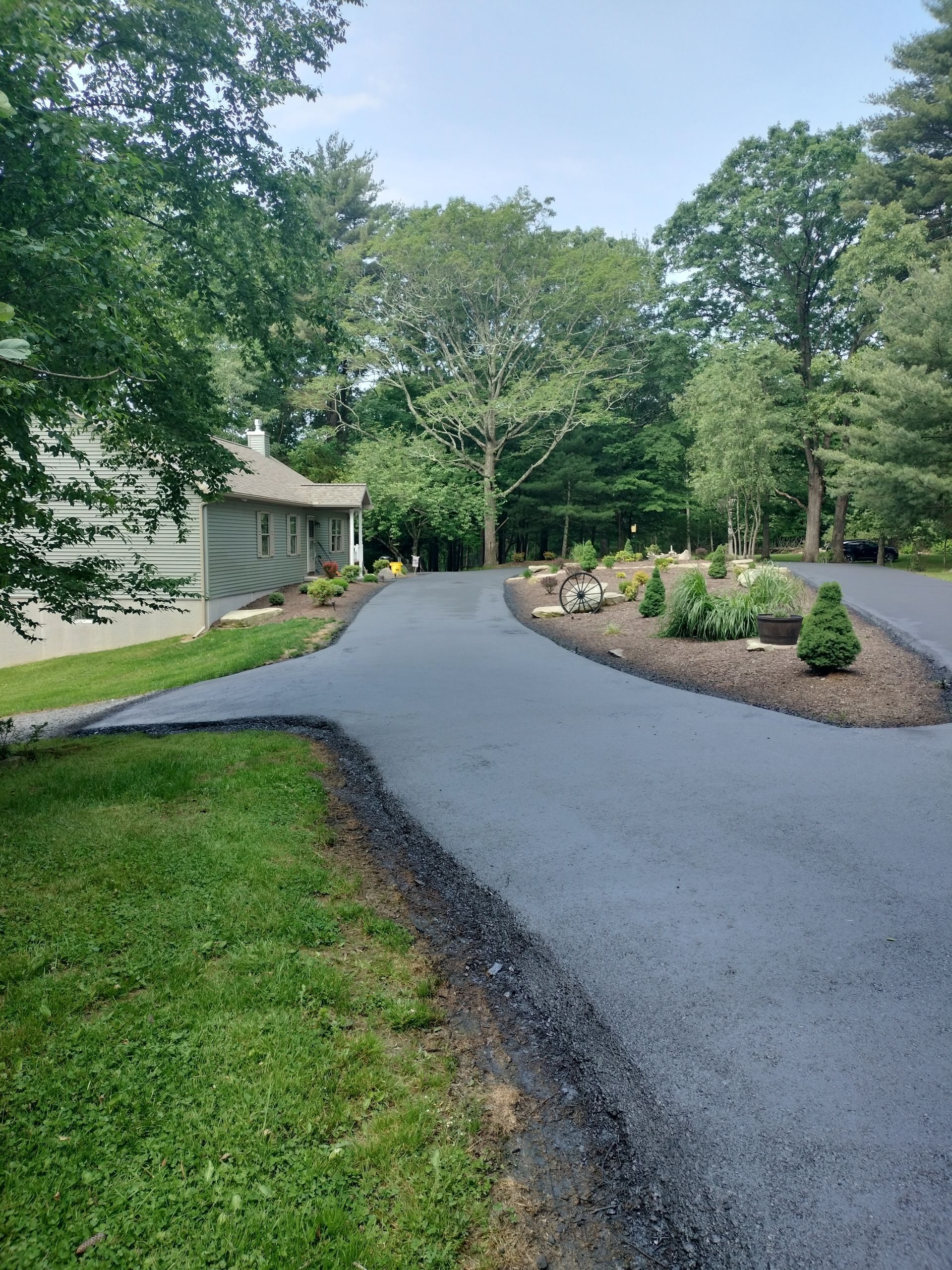 A driveway leading to a house surrounded by trees and grass.