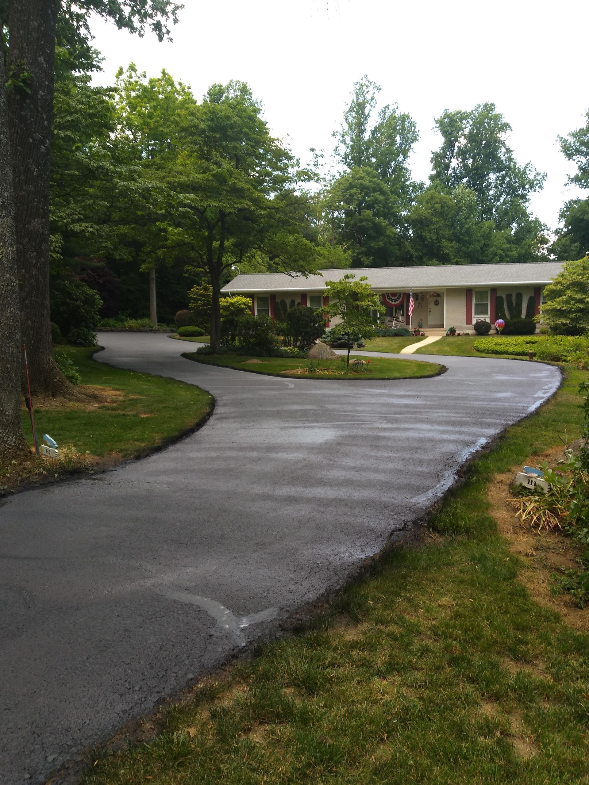 A driveway leading to a house surrounded by trees