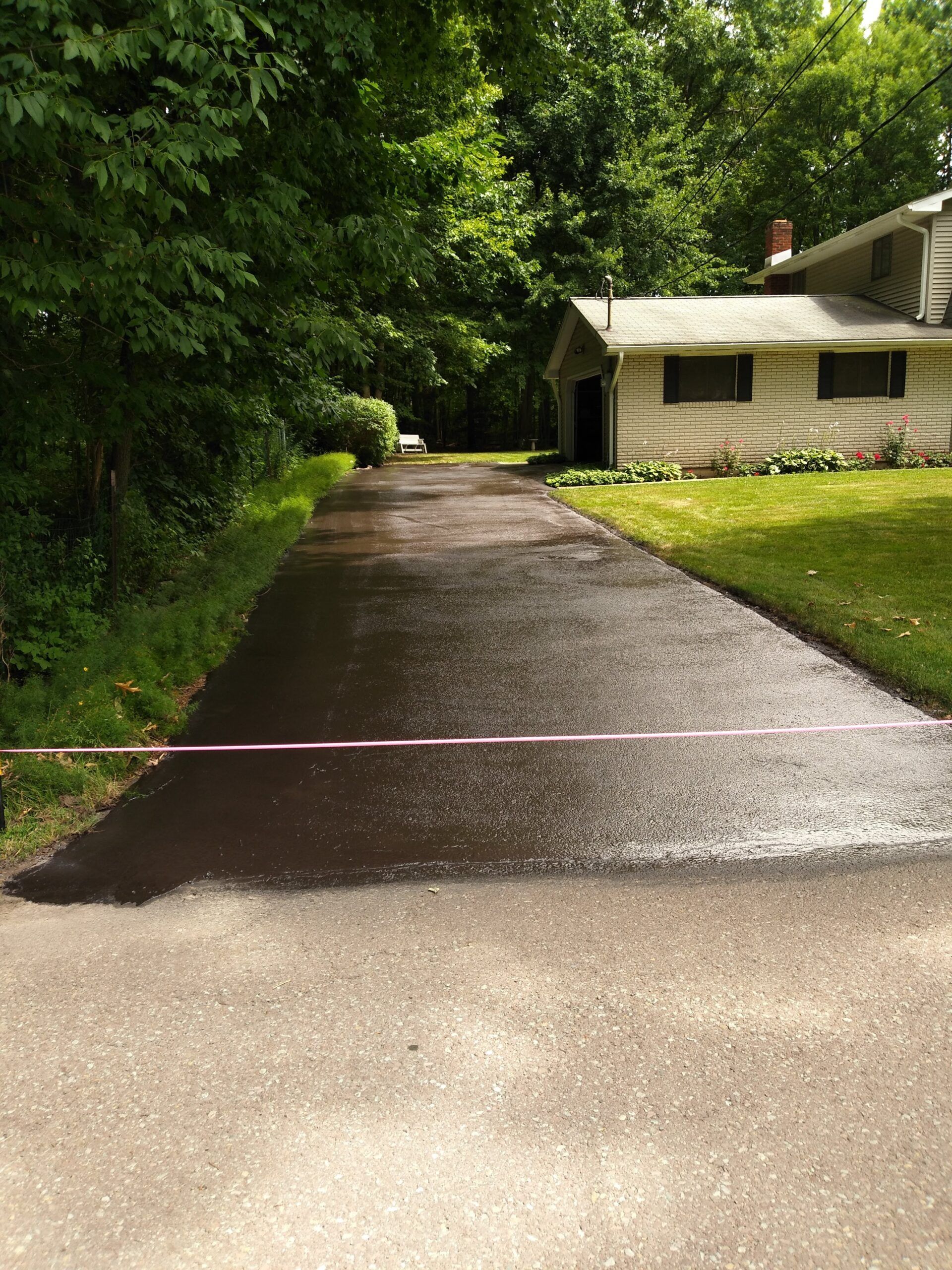 A driveway leading to a house surrounded by trees and grass.