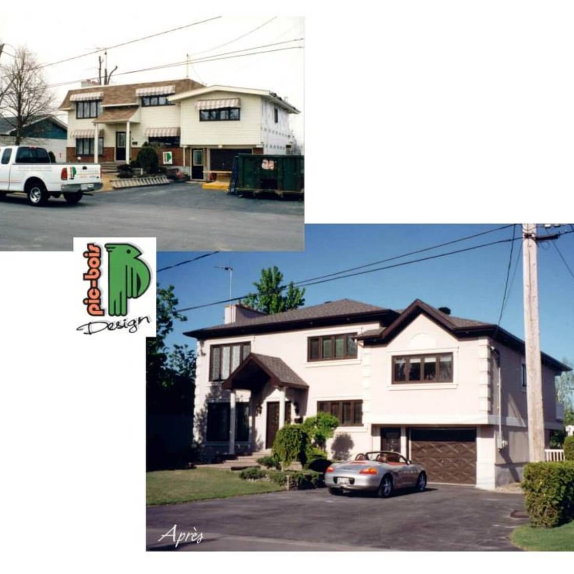 Maison à deux étages avant et après rénovation, présentant un design extérieur mis à jour avec une voiture garée devant.