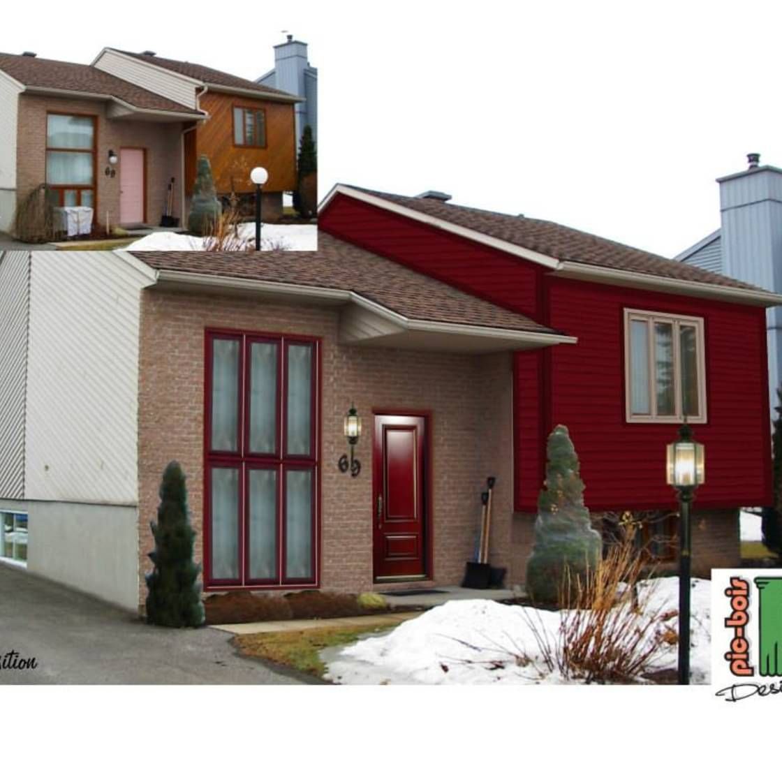 Une photo d'une maison avec une porte rouge