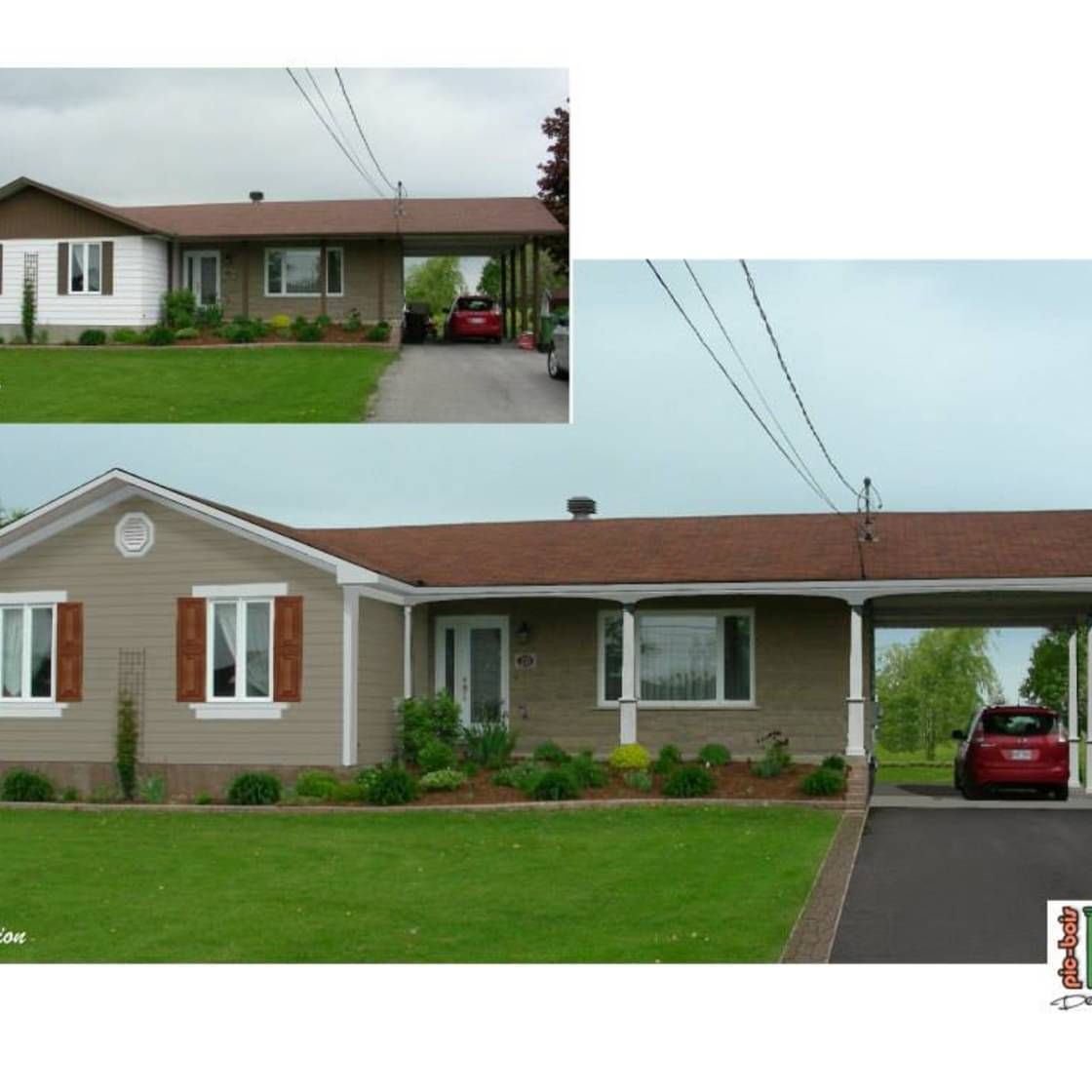 Une maison avec un abri voiture, un revêtement beige, des volets et un toit marron. Une voiture rouge se trouve dans l'abri voiture.