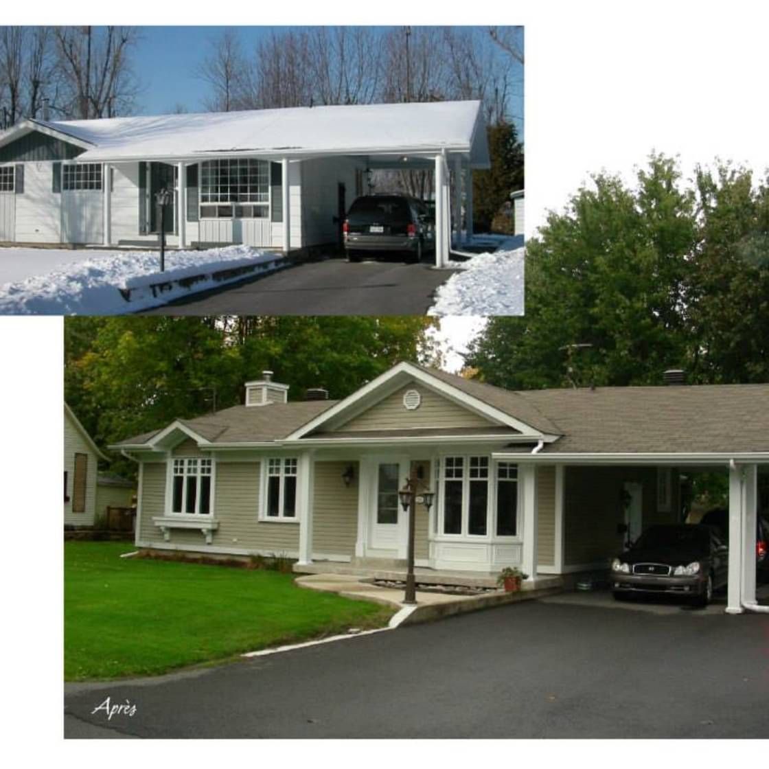 Une photo avant et après d'une maison avec une voiture dans l'allée