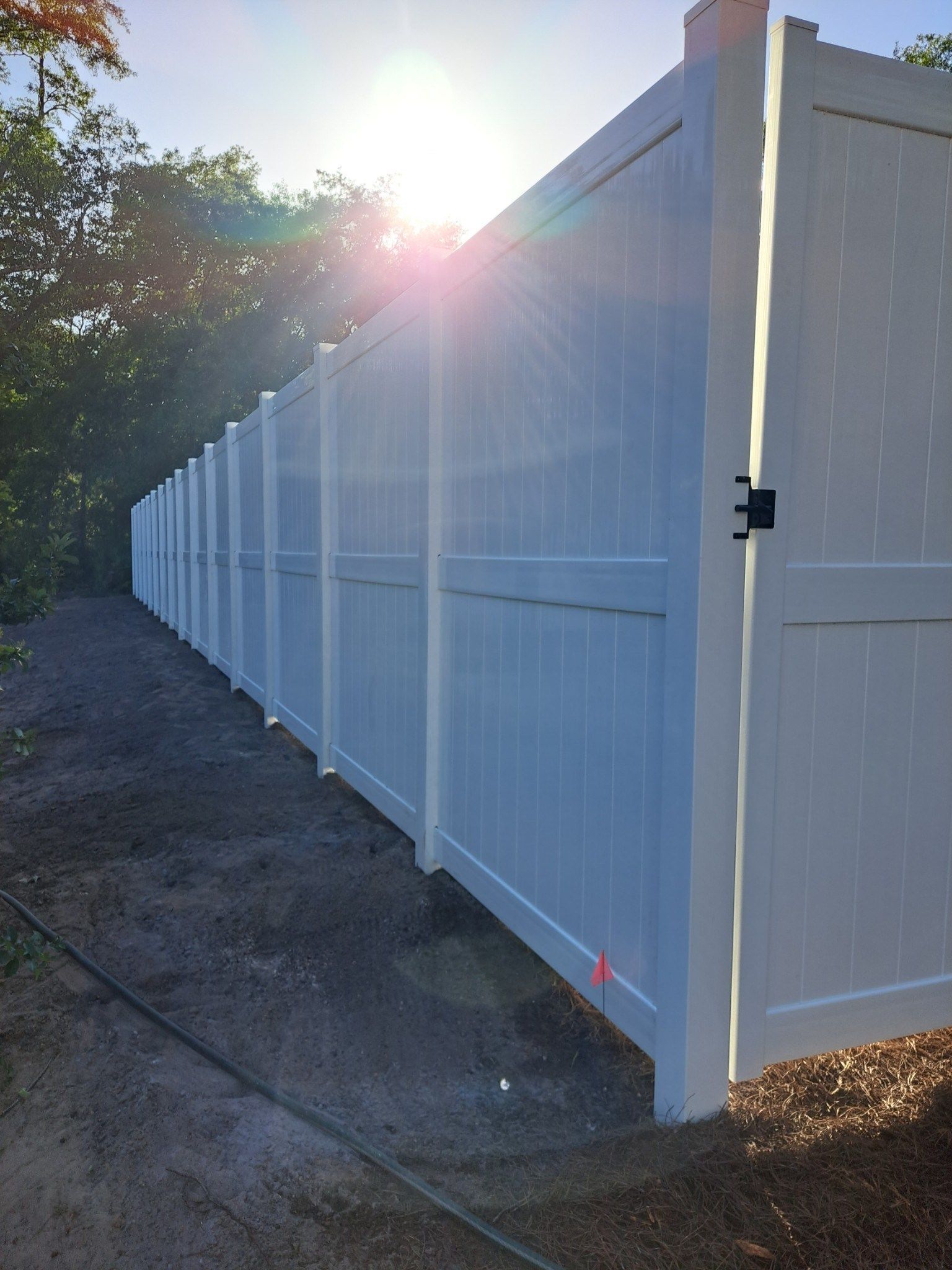 White vinyl privacy fence in a sunny outdoor setting.