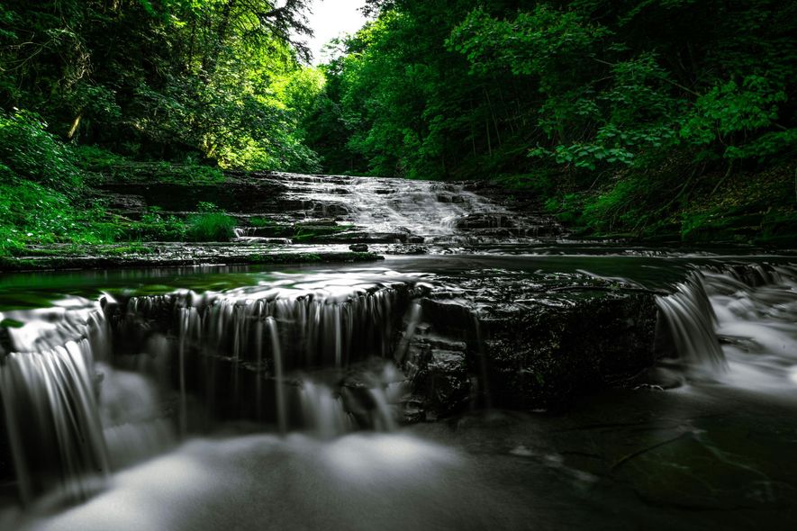 A waterfall is surrounded by trees and rocks in the middle of a forest.