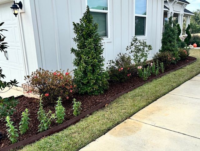 A landscaped flower bed with varied plants, brown mulch, and a dark border along a white building.