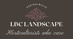 Logo for LBC Landscape, a design/build company. Text on a brown background with floral graphic.