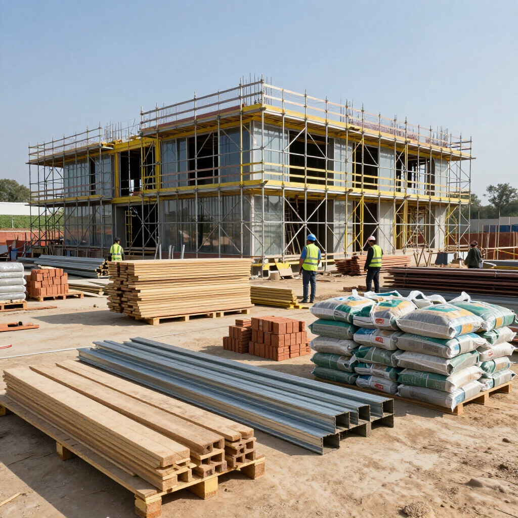 Obreros de la construcción se encuentran frente a una estructura de dos pisos parcialmente construida