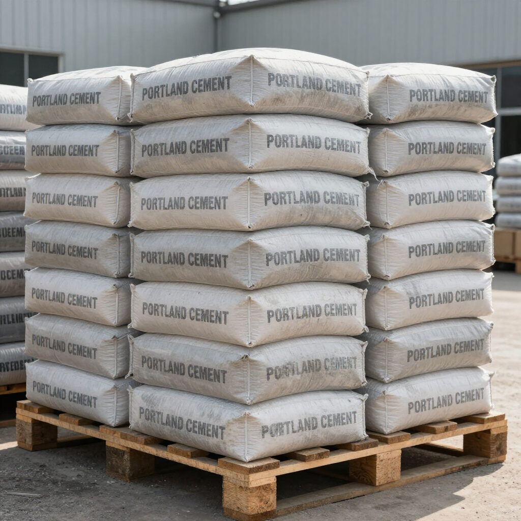 Un palé de madera apilado con varias bolsas de cemento Portland en un entorno al aire libre.