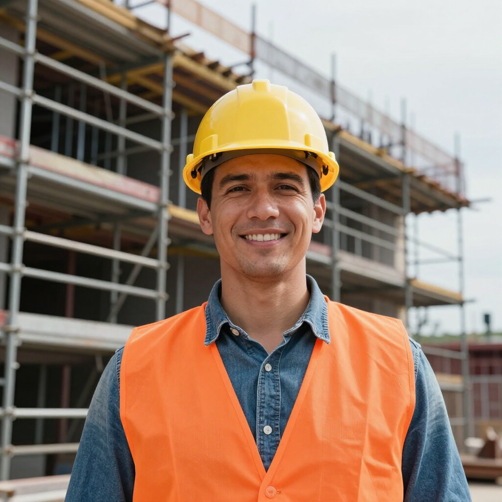 Un obrero de la construcción, con casco amarillo y chaleco de seguridad naranja, sonríe frente a un edificio en obras.