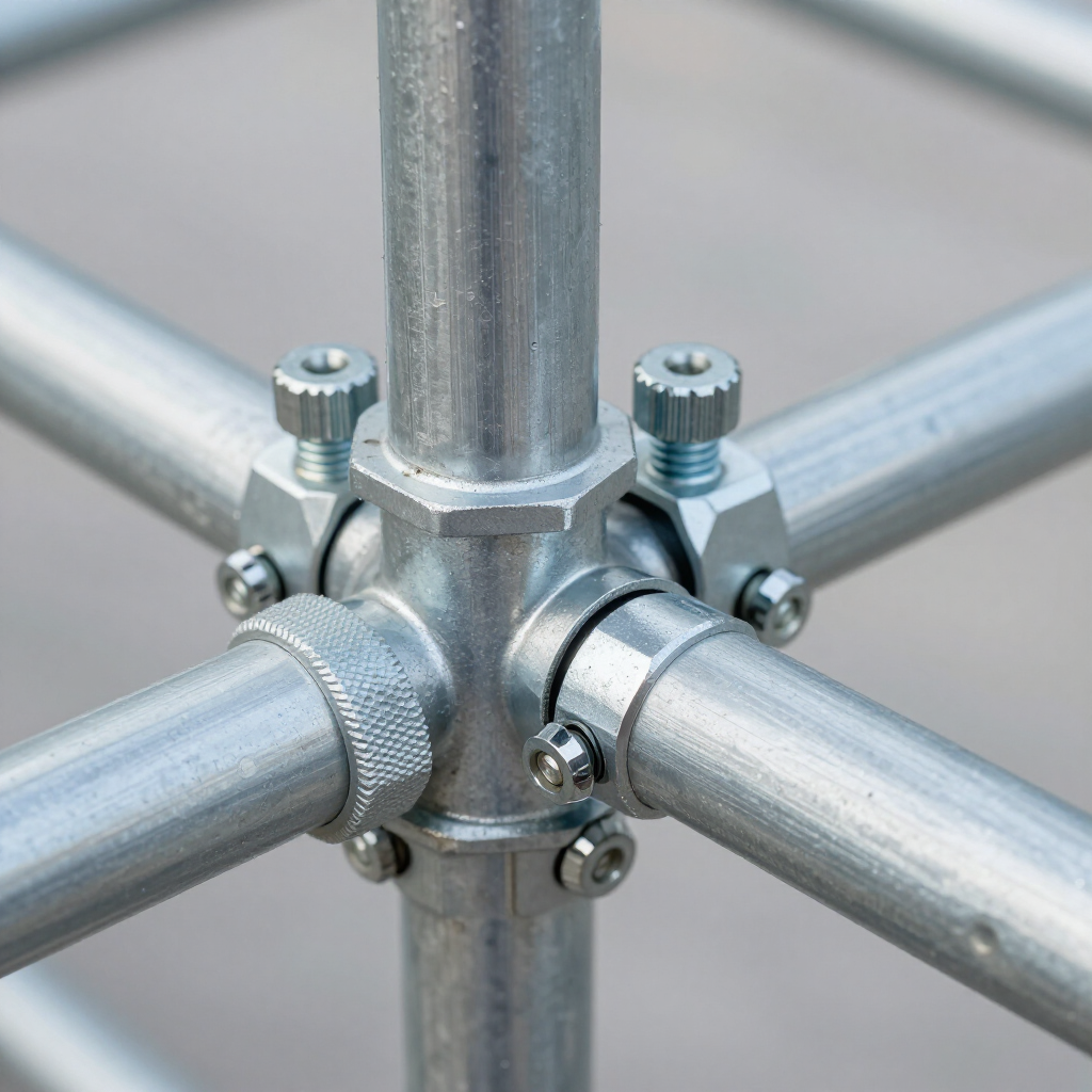 Primer plano de un accesorio de tubería metálica que conecta cuatro tuberías de acero galvanizado