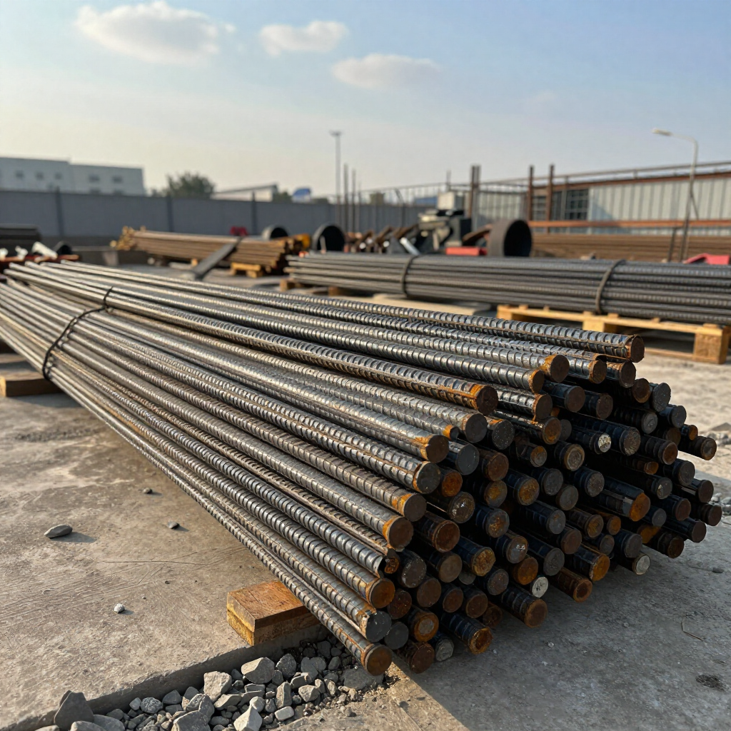 Una gran pila de varillas de acero corrugado texturizadas almacenadas al aire libre sobre paletas de madera.