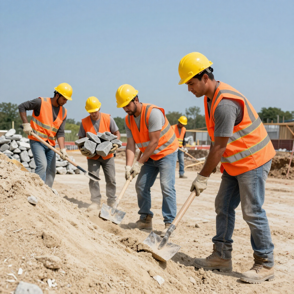Cuatro obreros de la construcción, con chalecos de seguridad naranjas y cascos amarillos
