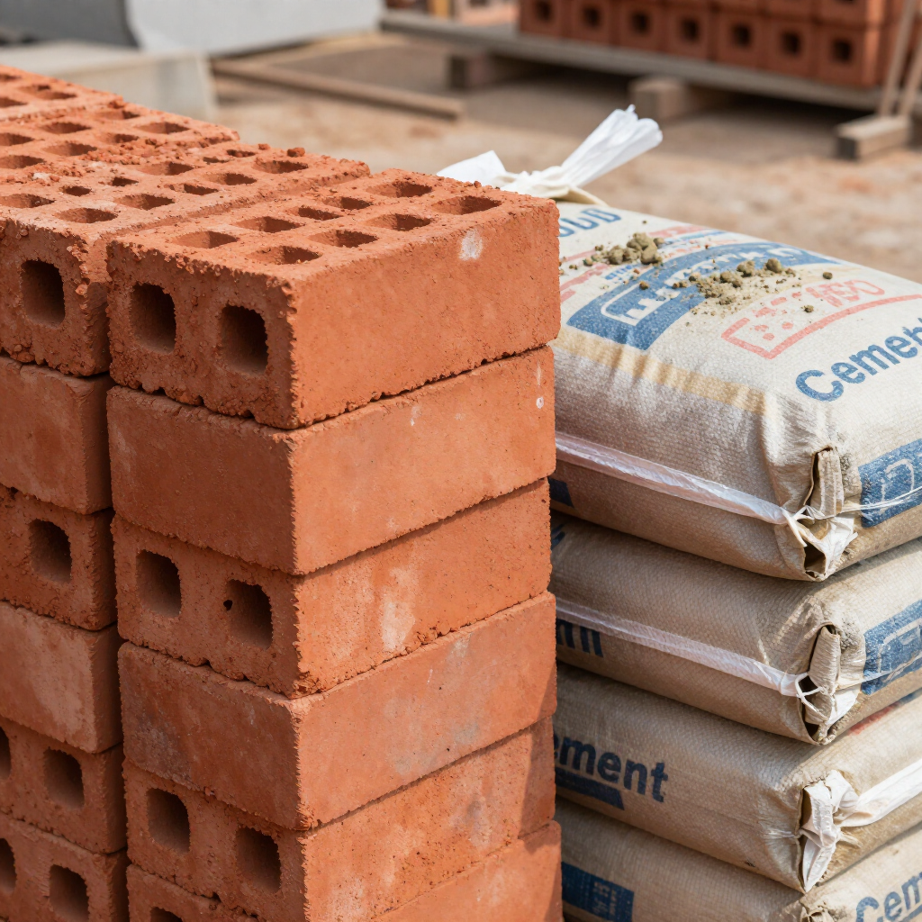 Una pila de ladrillos de arcilla perforados de color rojo