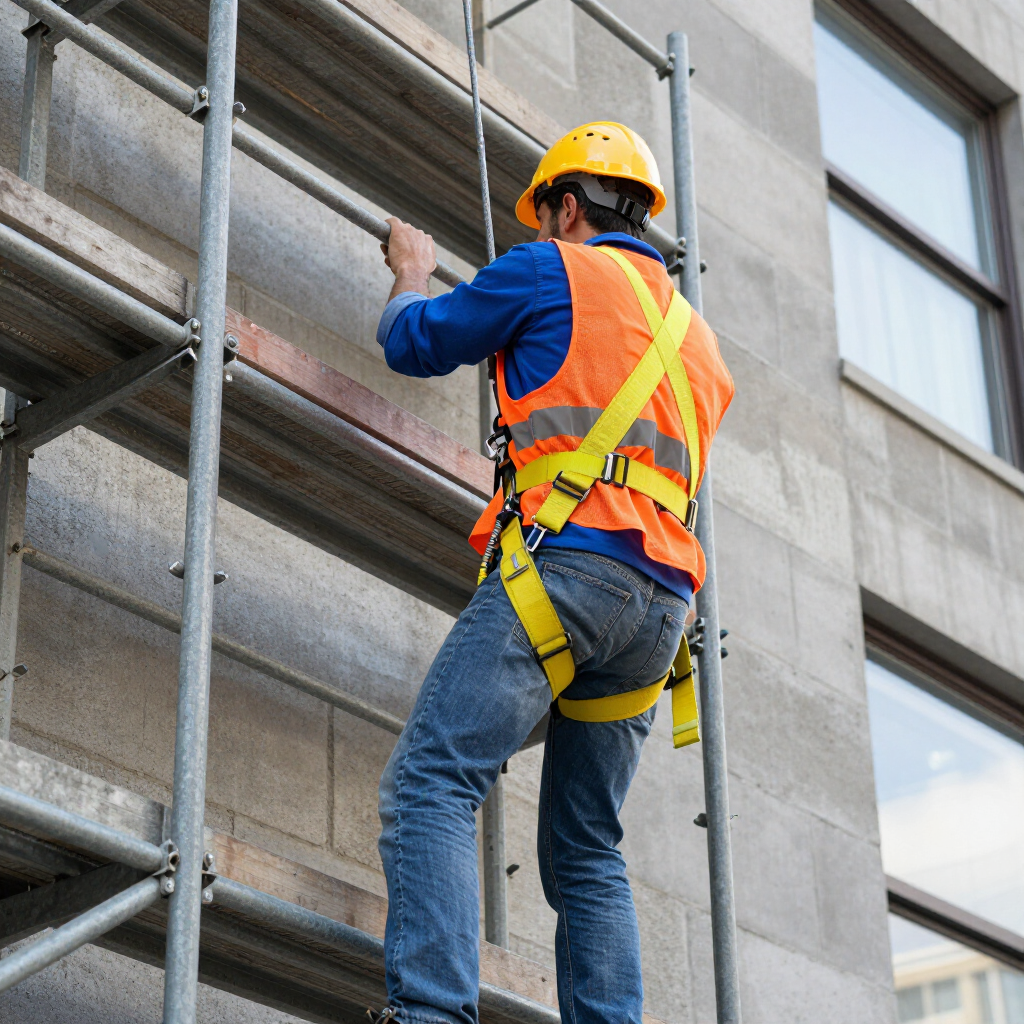 Un trabajador con un chaleco reflectante y un casco amarillo sube a un andamio adosado a un edificio de piedra.