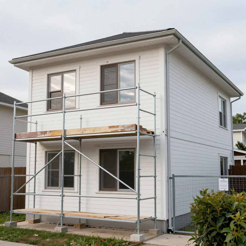 Una casa blanca de dos plantas en proceso de renovación, con andamios metálicos que cubren la fachada principal.