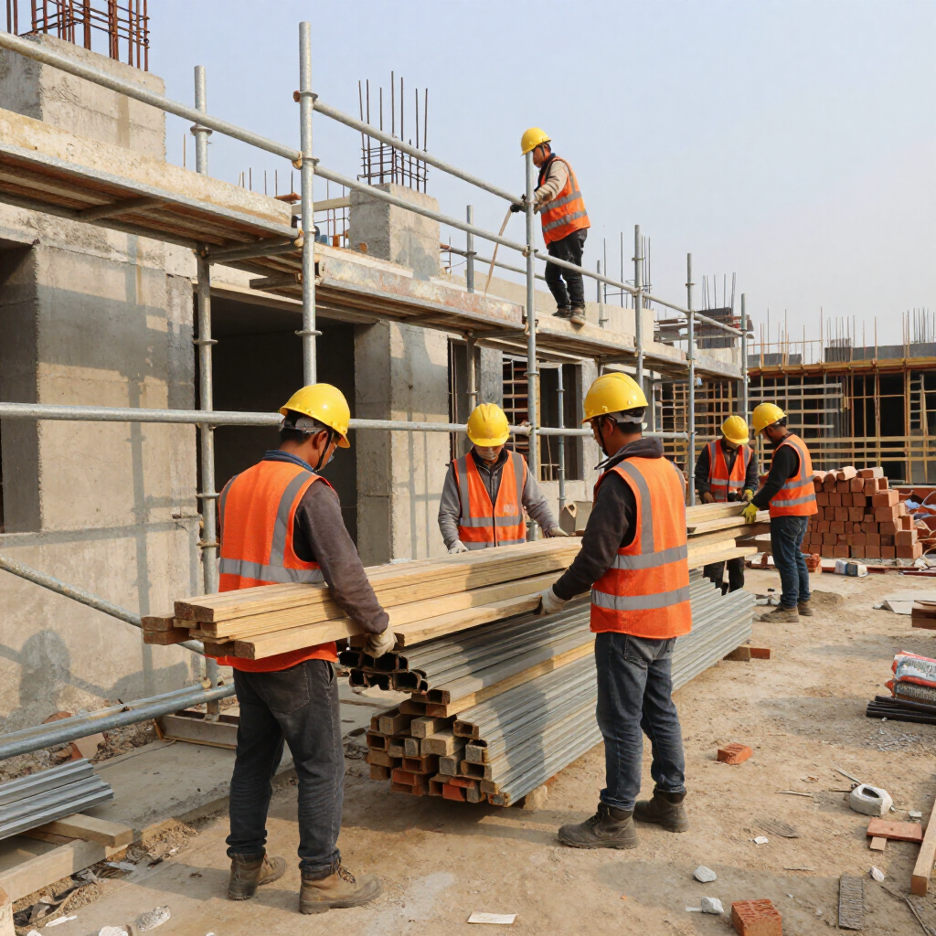 Obreros de la construcción, equipados con trajes de seguridad y cascos, transportan madera en una obra con andamios.