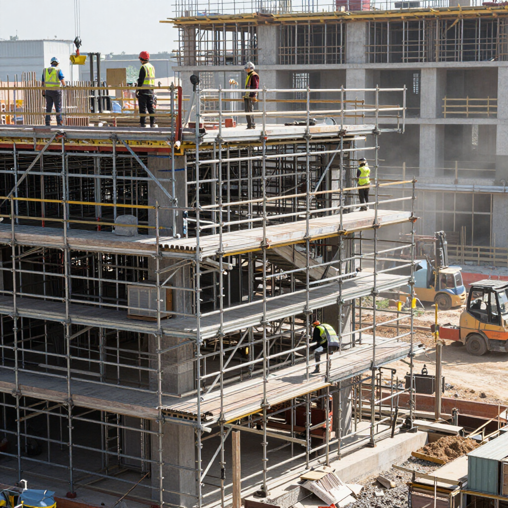 Obreros de la construcción, con chalecos reflectantes, trabajan en los andamios de una obra de un edificio de varias plantas.