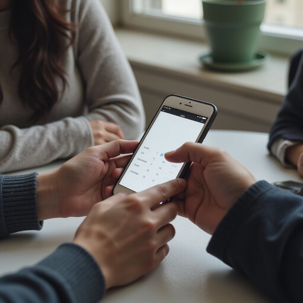 Hands holding a smartphone at a table, likely in an office. Others are seated nearby.