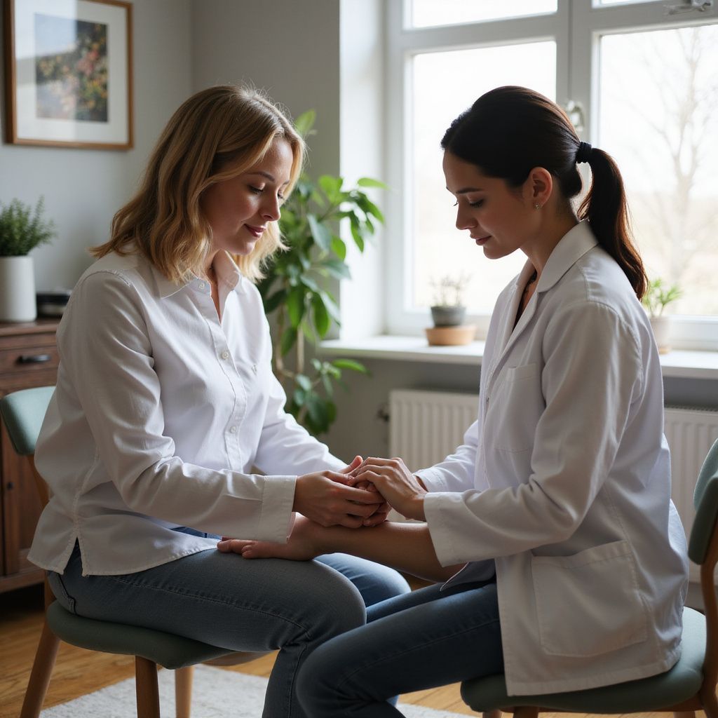 Woman comforting another woman, hands clasped, in a well-lit room.