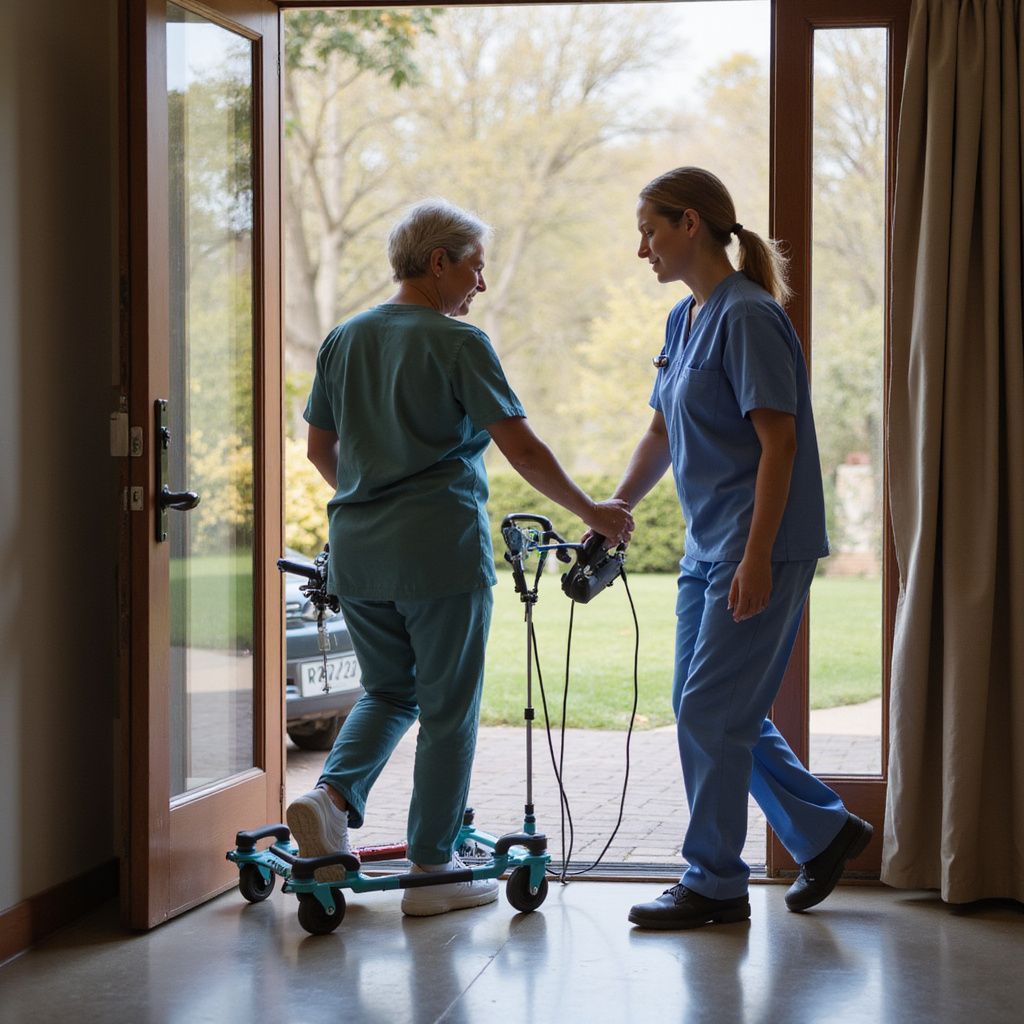 A healthcare worker assists a person using a mobility device at a doorway.