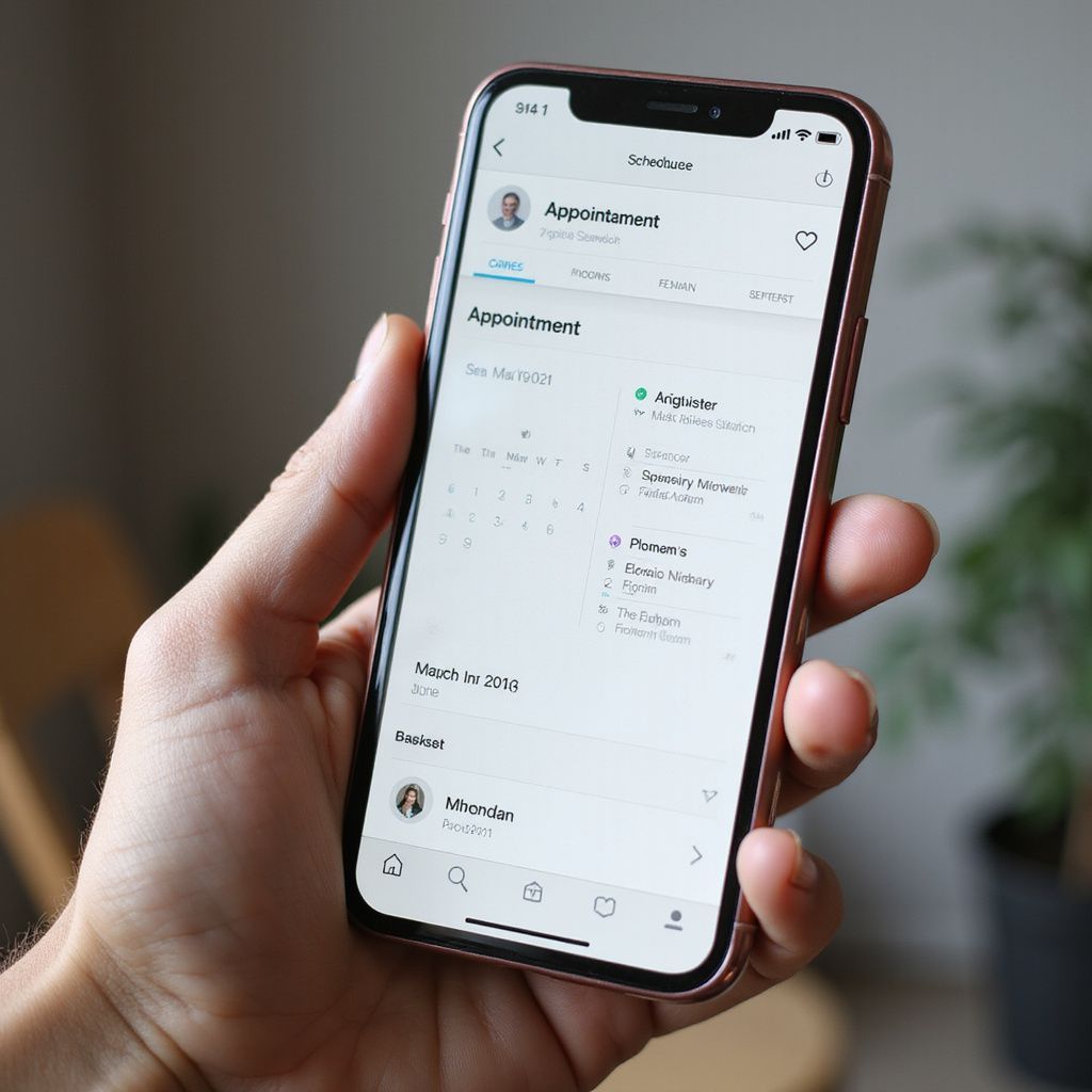 Hand holding a smartphone displaying an appointment scheduling app.