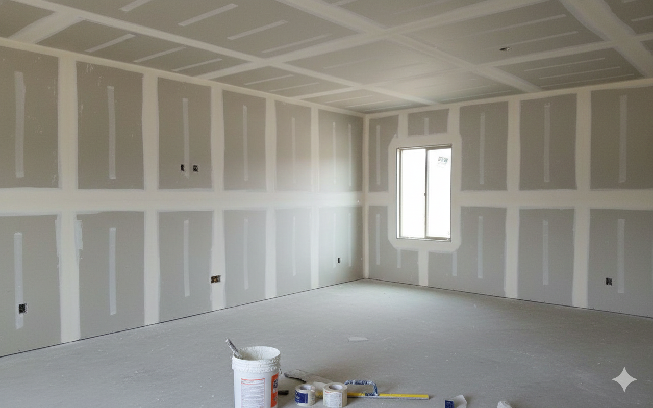 Empty room with taped drywall seams, unfinished ceiling grid, and window.