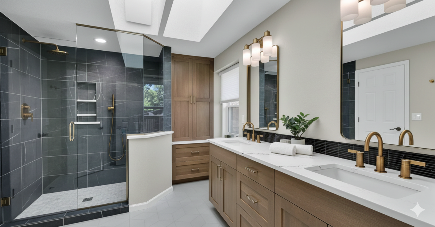 Modern bathroom with dark tile shower, double vanity with gold fixtures, and skylight.