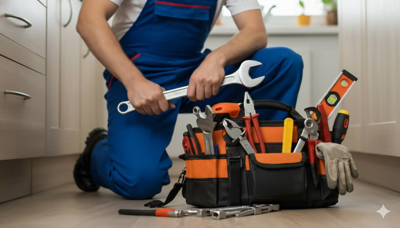 Person kneeling with toolbox, holding a wrench in a kitchen.