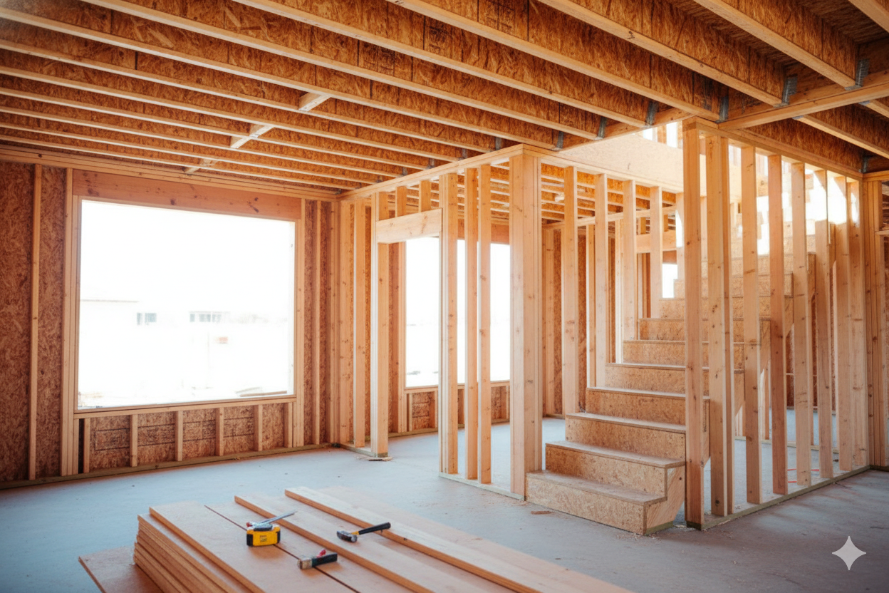 Interior of a house under construction. Wooden framing, open walls, and a staircase.