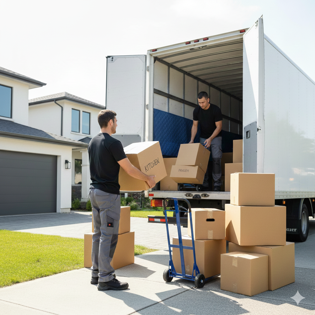 Two men loading cardboard boxes into a moving truck parked in front of a house on a sunny day.