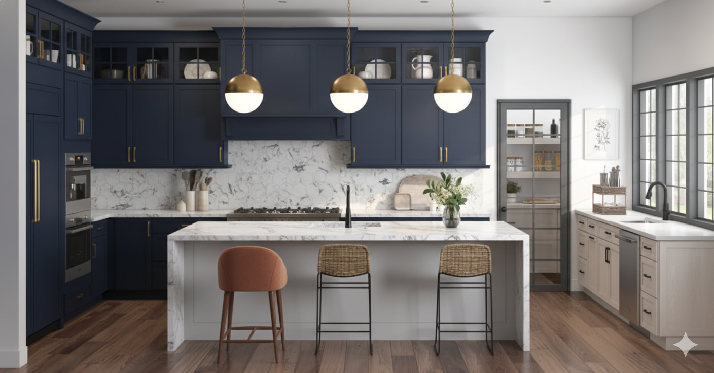 Navy blue kitchen with marble countertops, gold accents, and a central island with stools.