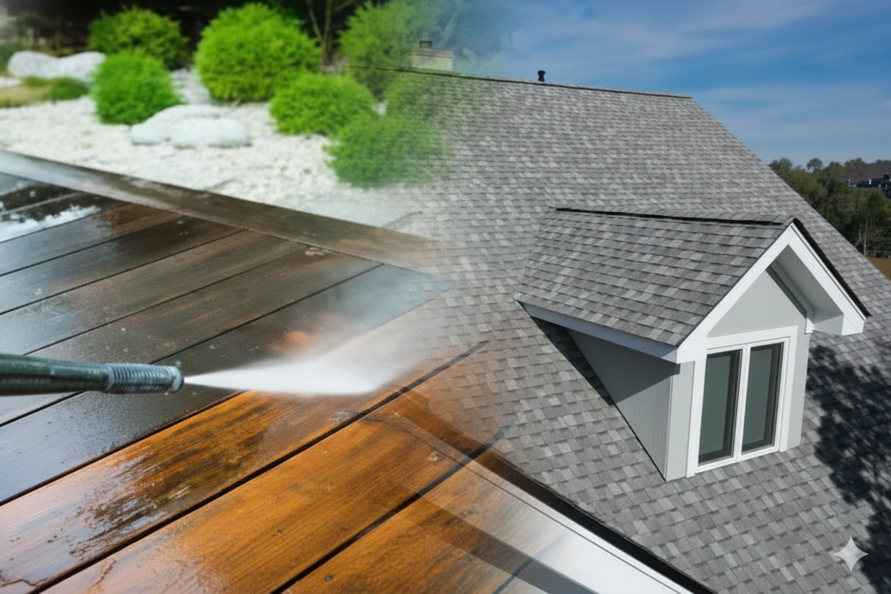 Power washing deck with stream of water; roof of house in background.