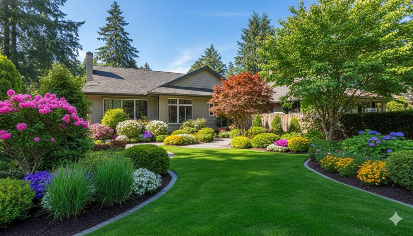 House with lush green lawn, vibrant flower beds, and mature trees under a blue sky.