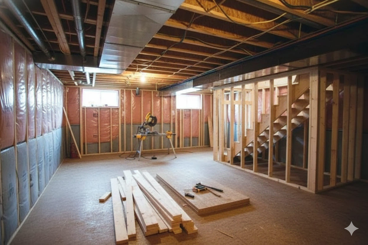 Basement under construction: framed walls, stairs, insulation, wood beams, and tools.