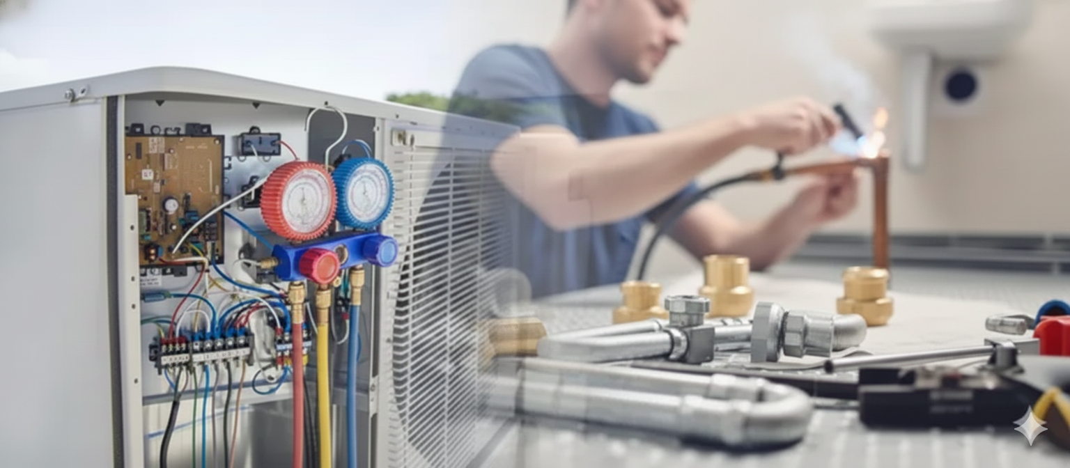 HVAC technician soldering copper pipes, equipment open in foreground.