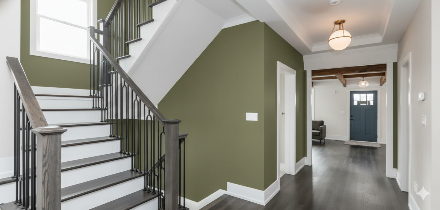 A two-story entryway with a staircase and a hallway leading to a front door. Olive-green walls.