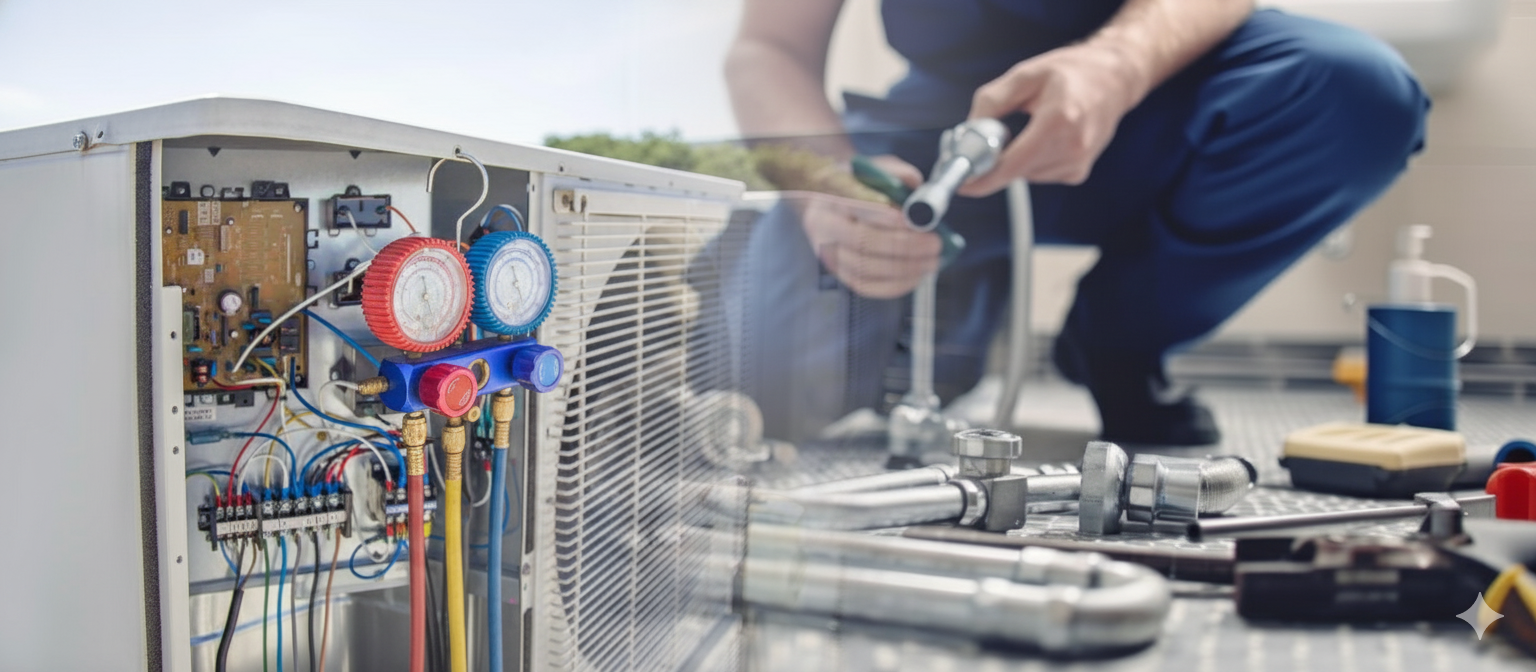 HVAC technician working on an air conditioning unit; gauges and tools visible.