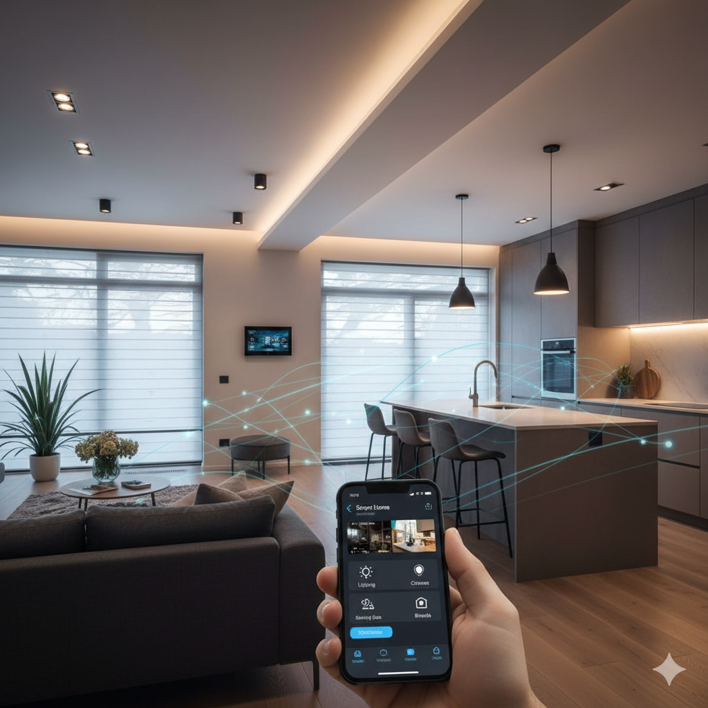 Person holding a phone controlling smart home features in a modern living space.