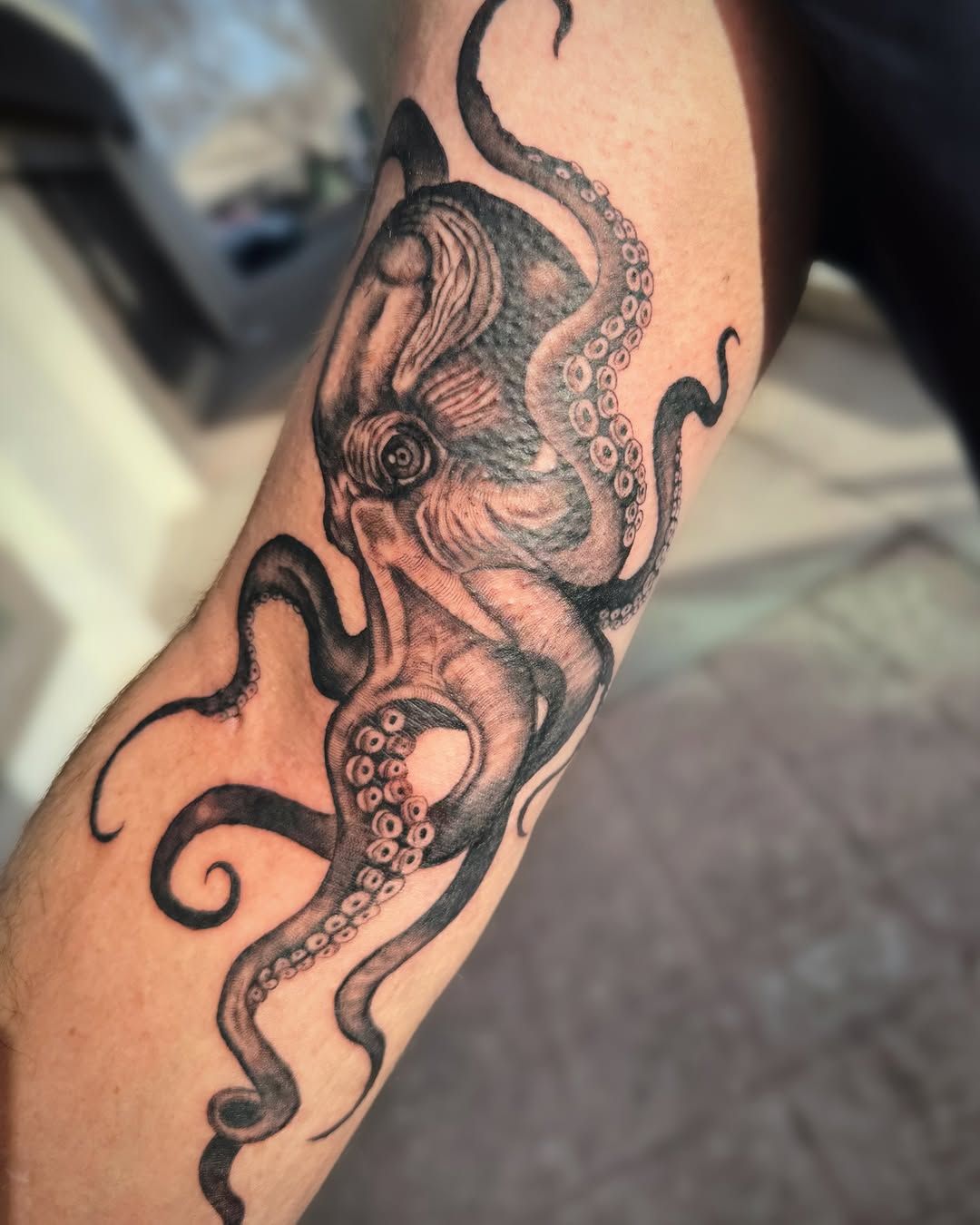 A detailed, black-and-grey tattoo of an octopus with visible suction cups wrapping around a person's forearm.