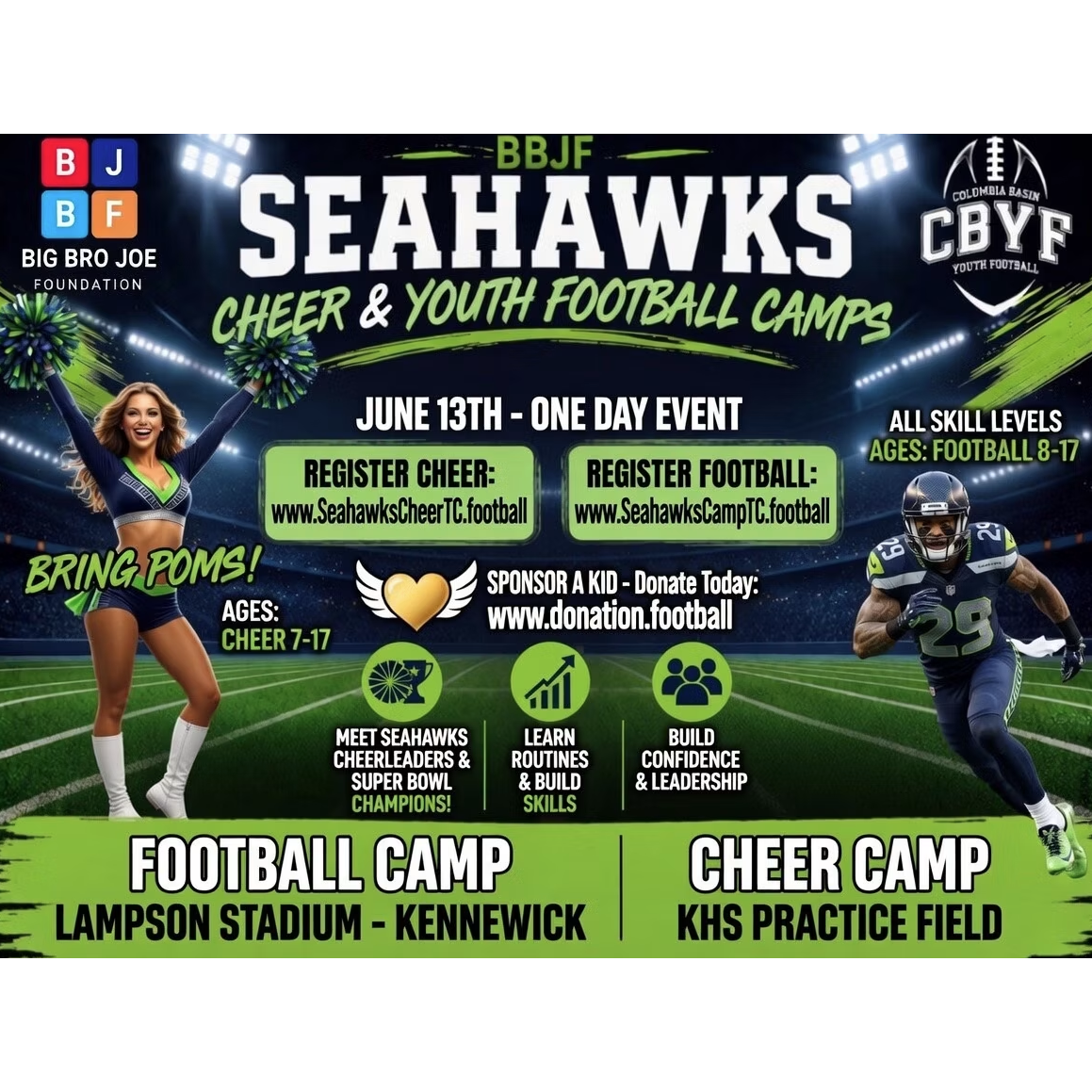 Big Bro Joe Foundation's Seahawks Cheer & Youth Football Camp flyer