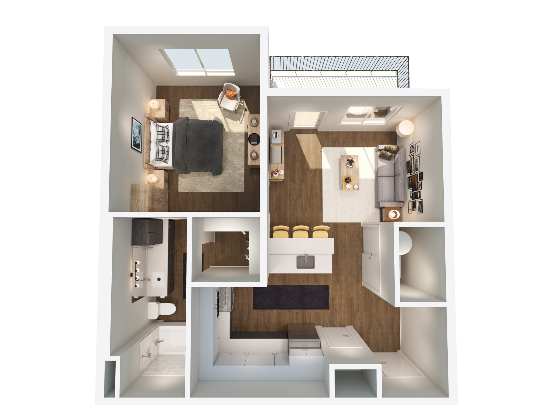 An aerial view of a floor plan of an apartment.