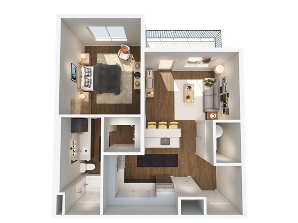 An aerial view of a floor plan of an apartment.