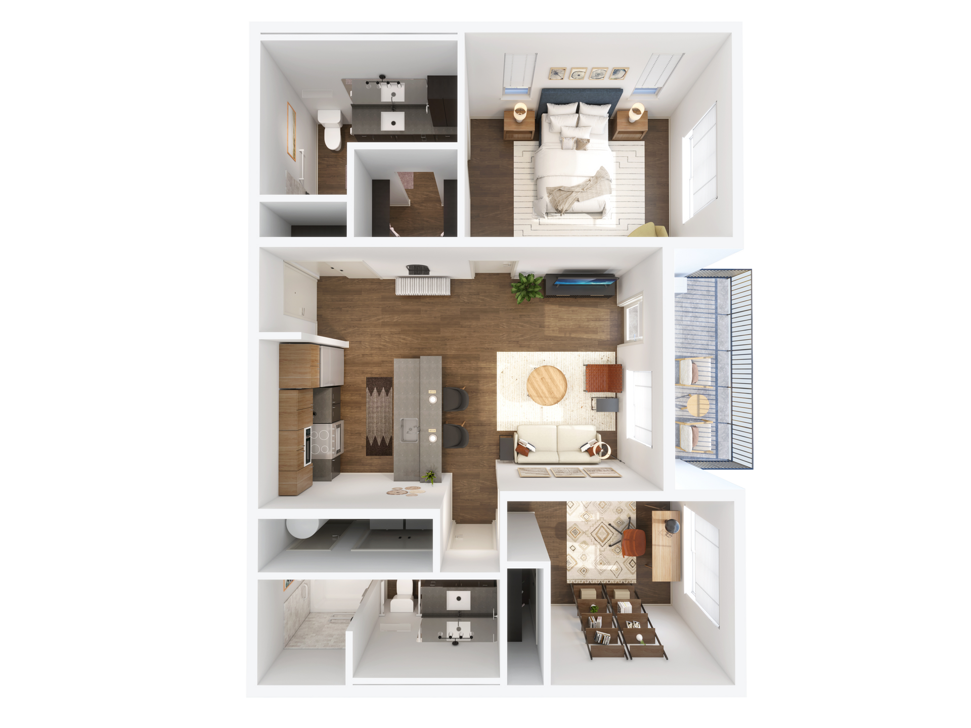 An aerial view of a floor plan of an apartment.