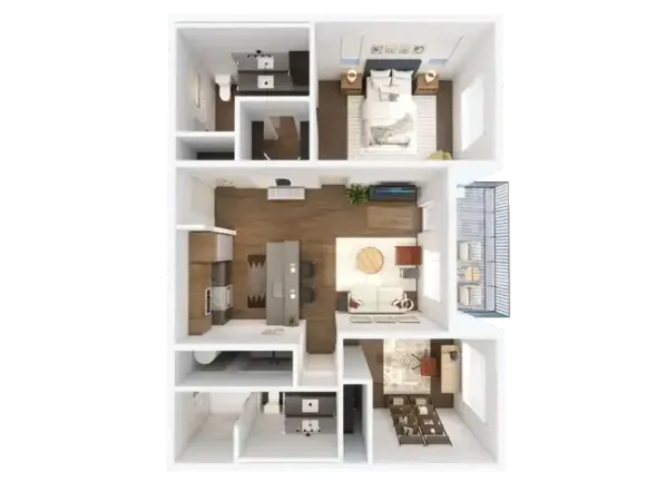 An aerial view of a floor plan of an apartment.